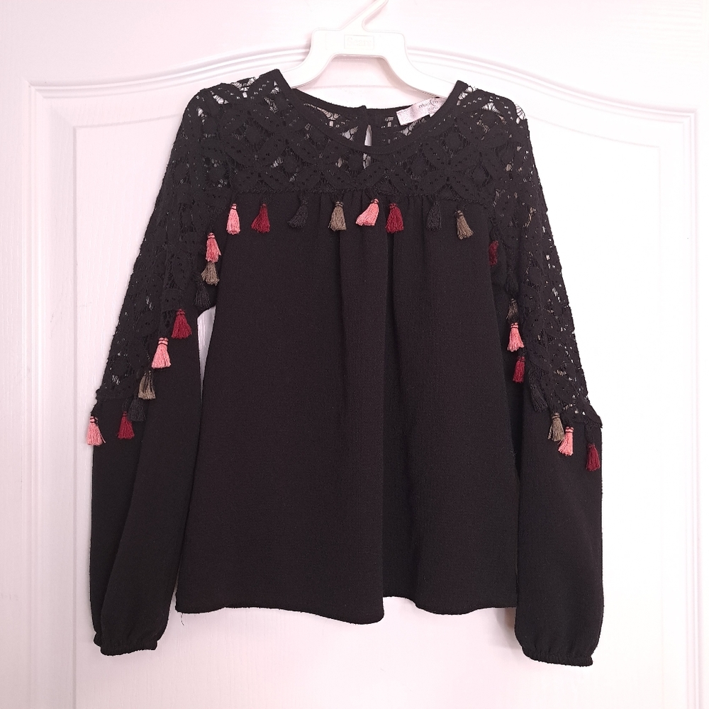 Girls Moa Moa Boho Tassel Black Peasant Blouse